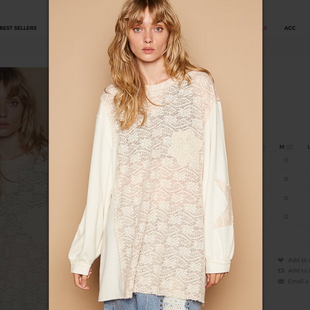 T352 POL Cream Beige Star Long Sleeve Thermal Lace Long Top